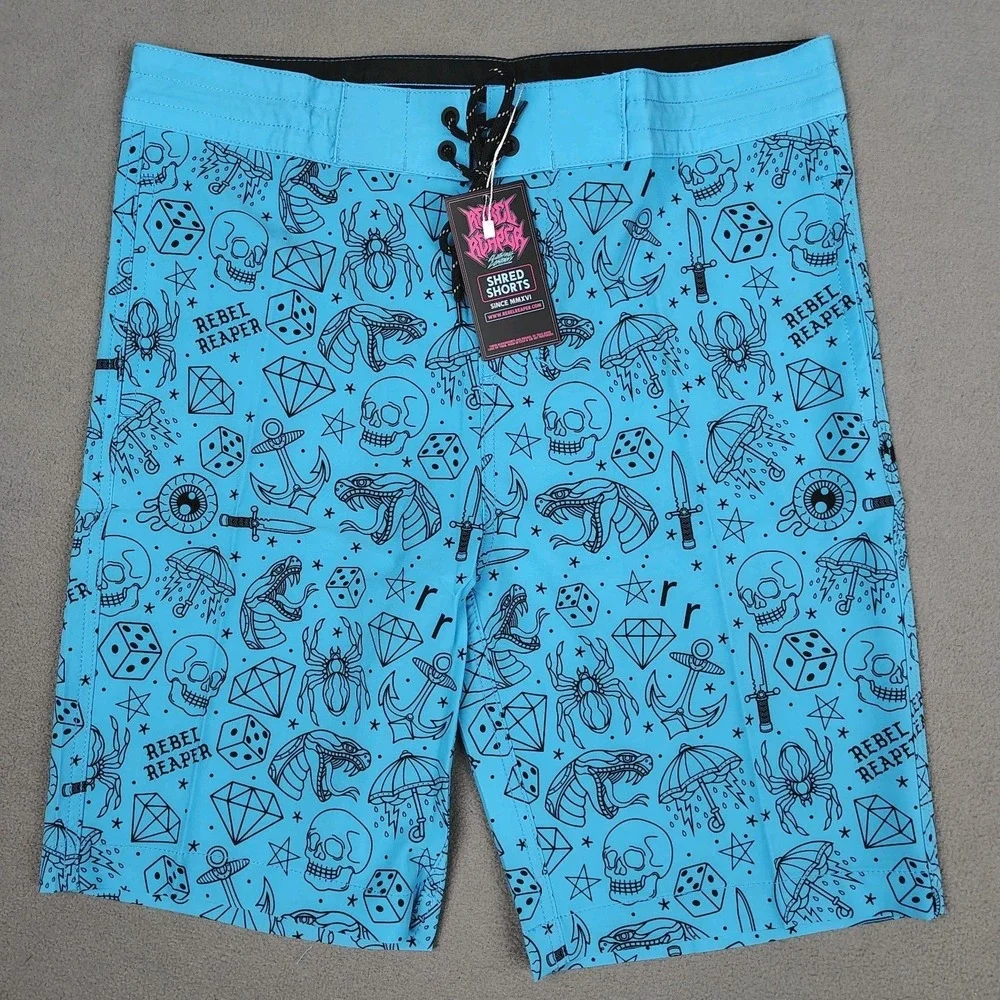 Rebel Reaper Boardshorts Swim Trunks Men Large Blue Tattoo Print Biker Skull New
